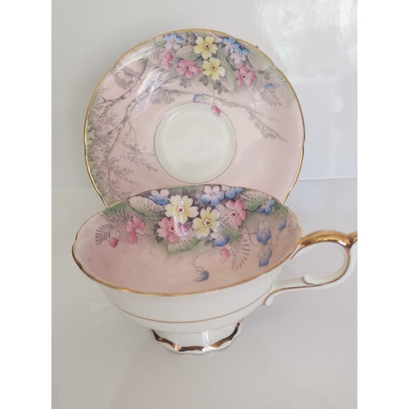 Paragon Tea Cup and Saucer Set Pink Floral Landscape with Birch Trees 1940's - Picture 1 of 14